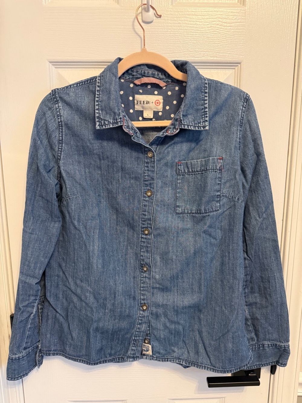FEED + Target Denim Button Down Shirt Sz Large